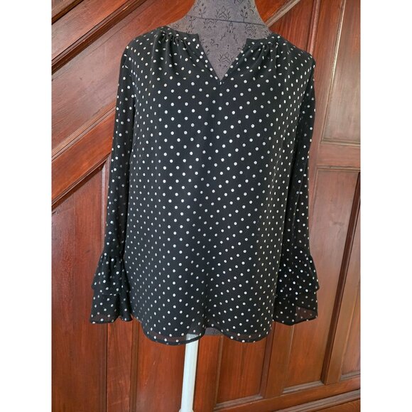 Talbots Petites Black & Silver Polka Dot Blouse With Ruffle Sleeves Size LP - Picture 1 of 9